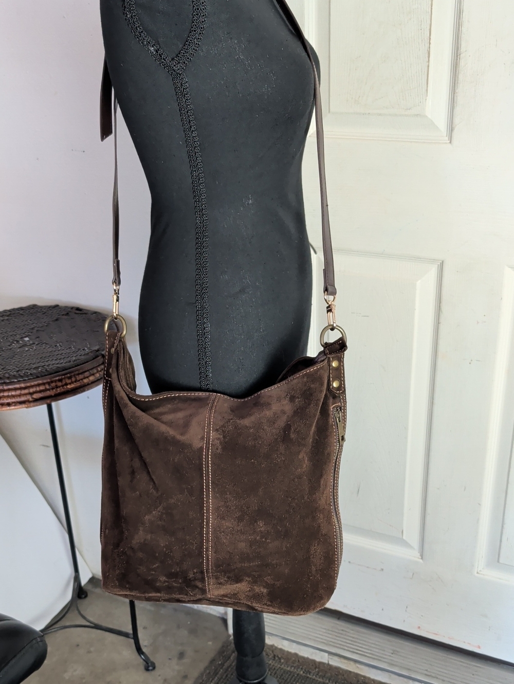 Sundance Distressed Suede Hobo Bag Purse Brown Bohemian Chic Long Strap